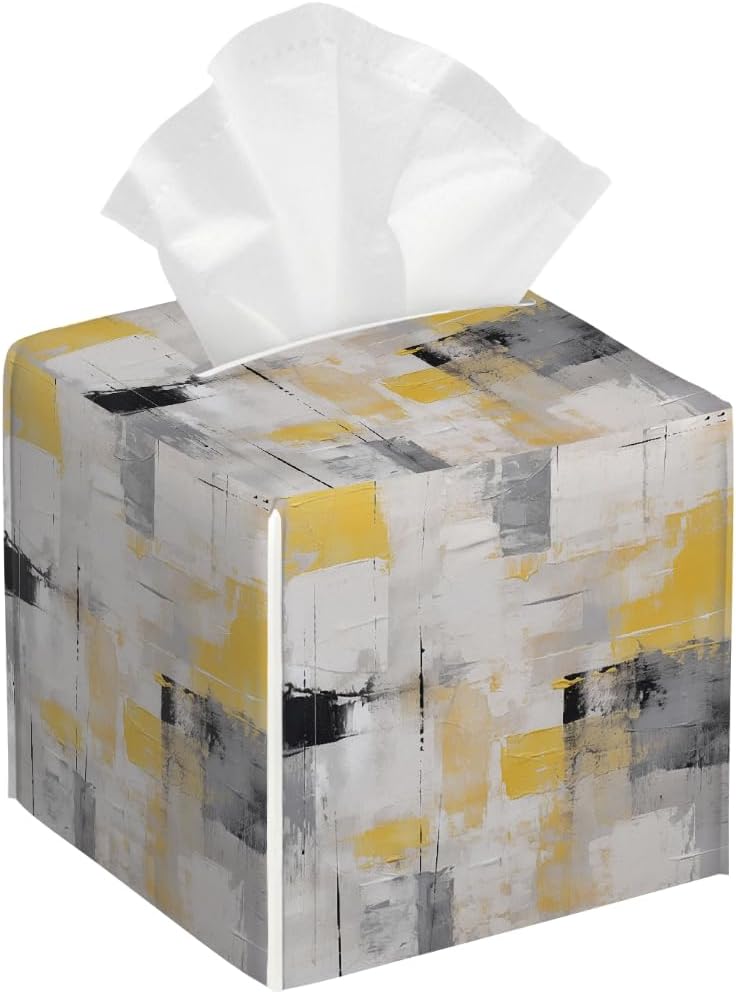 Tissue Box Covers Square, Art Painting Yellow Gray Black Decorative Tissue Box Holders Waterproof Leather Facial Paper Organizer for Bathroom Home Car Nightstand
