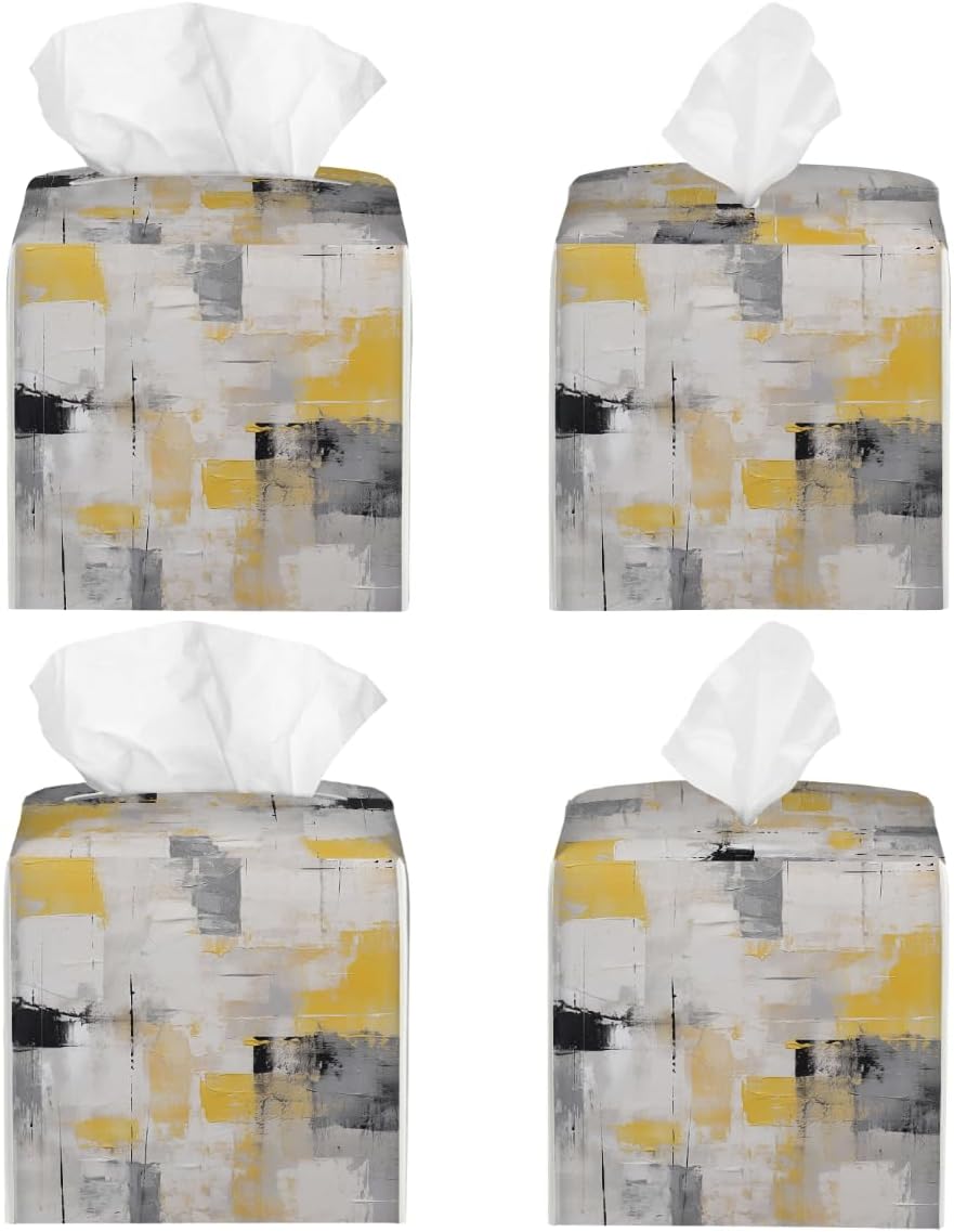 Tissue Box Covers Square, Art Painting Yellow Gray Black Decorative Tissue Box Holders Waterproof Leather Facial Paper Organizer for Bathroom Home Car Nightstand