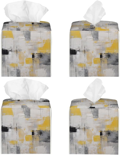 Tissue Box Covers Square, Art Painting Yellow Gray Black Decorative Tissue Box Holders Waterproof Leather Facial Paper Organizer for Bathroom Home Car Nightstand