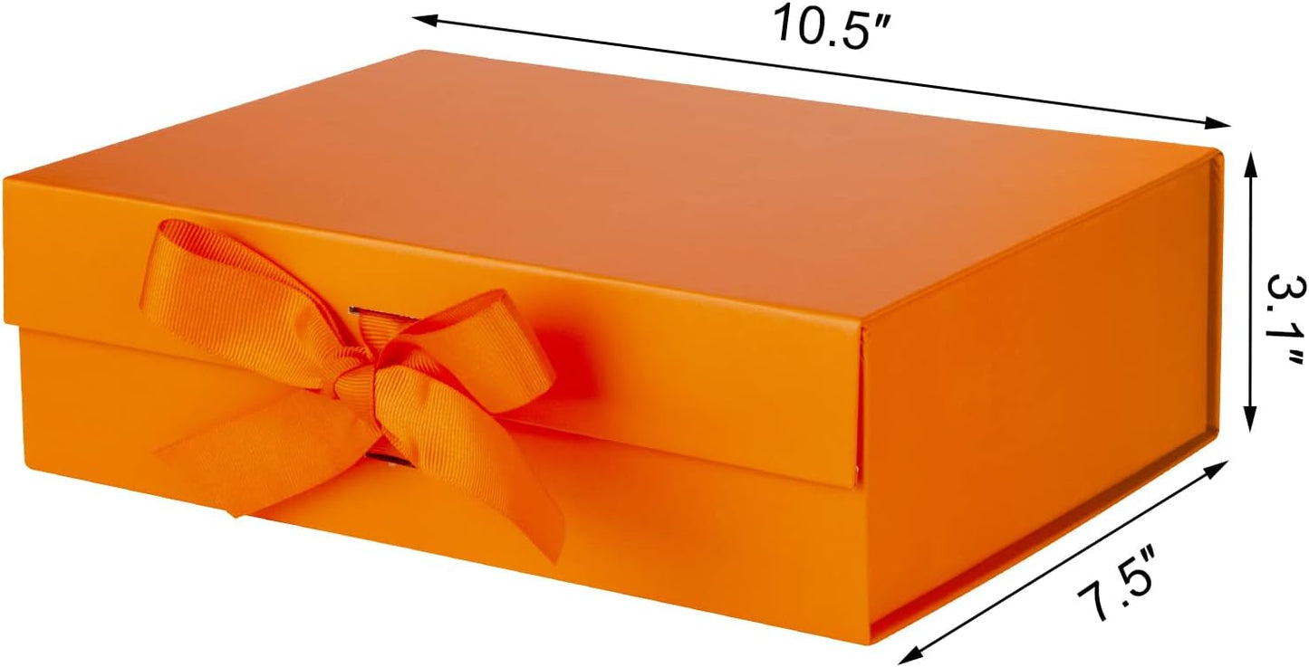 Gift Box with Lid for Presents 10.5x7.5x3.1 Inches with Ribbon and Magnetic Closure(1-Pack) (Orange)
