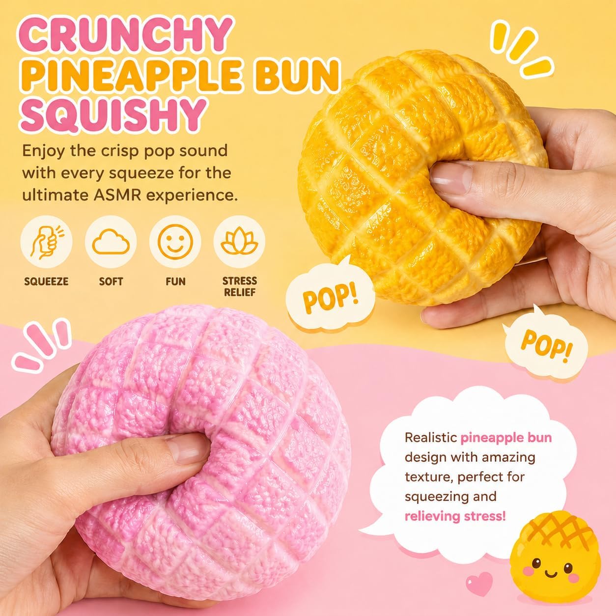 Crunchy Pineapple Bun Squishy - Bead Filled Squeeze Fidget Toy, Realistic Food Replica Design Sensory Squeeze Ball with Crunchy ASMR Feel for Adults，Yellow