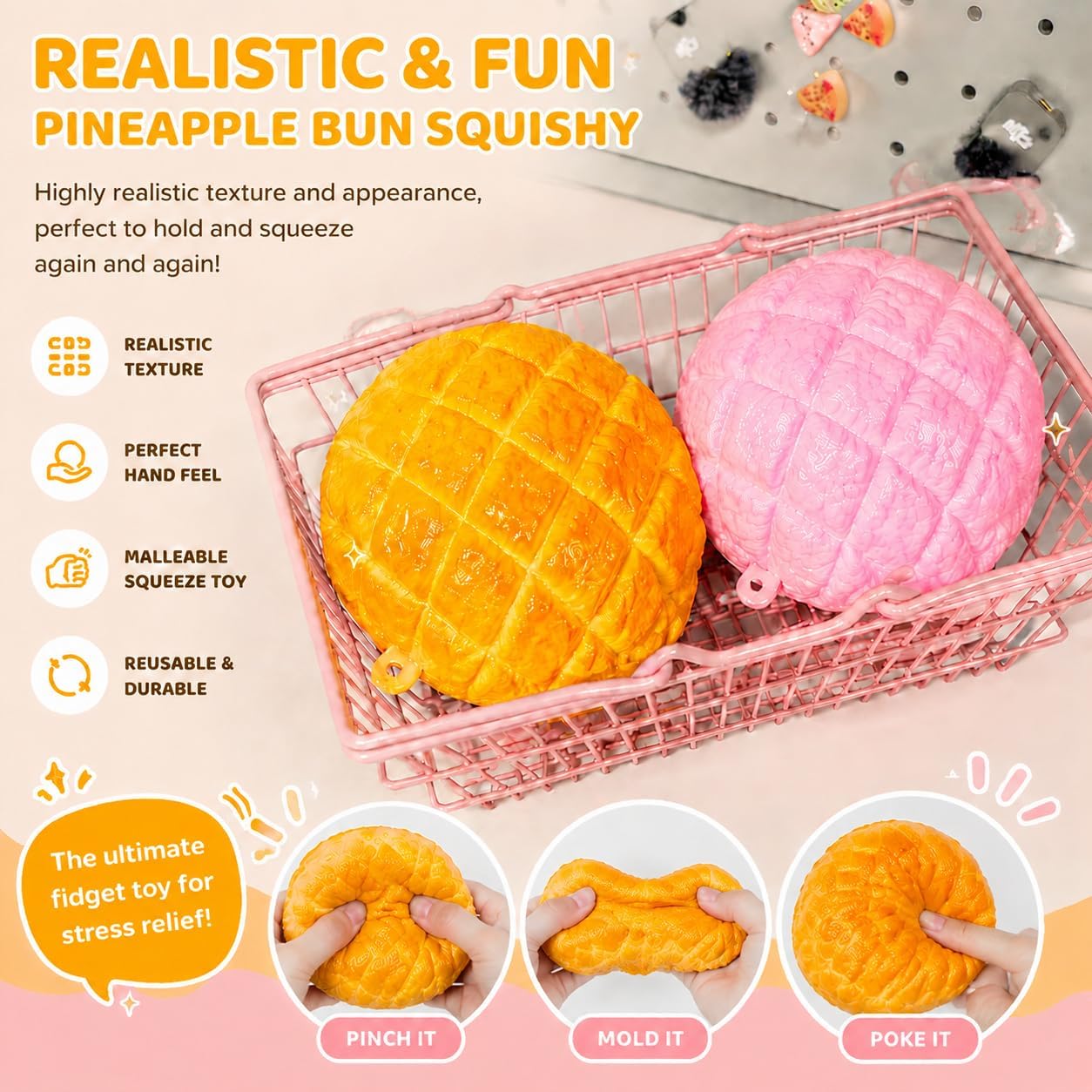 Crunchy Pineapple Bun Squishy - Bead Filled Squeeze Fidget Toy, Realistic Food Replica Design Sensory Squeeze Ball with Crunchy ASMR Feel for Adults，Yellow