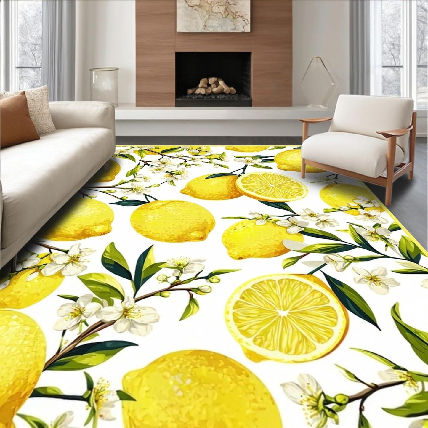 Flatwoven Area Rug 5x7 ft, Lemon Grove Round Citrus Burst, Non Slip, Stain Resistant, Washable High Traffic Area Rugs for Living Room, Bedroom Decor