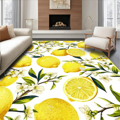 Flatwoven Area Rug 5x7 ft, Lemon Grove Round Citrus Burst, Non Slip, Stain Resistant, Washable High Traffic Area Rugs for Living Room, Bedroom Decor