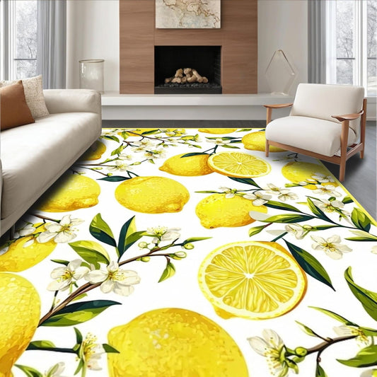 Flatwoven Area Rug 5x7 ft, Lemon Grove Round Citrus Burst, Non Slip, Stain Resistant, Washable High Traffic Area Rugs for Living Room, Bedroom Decor