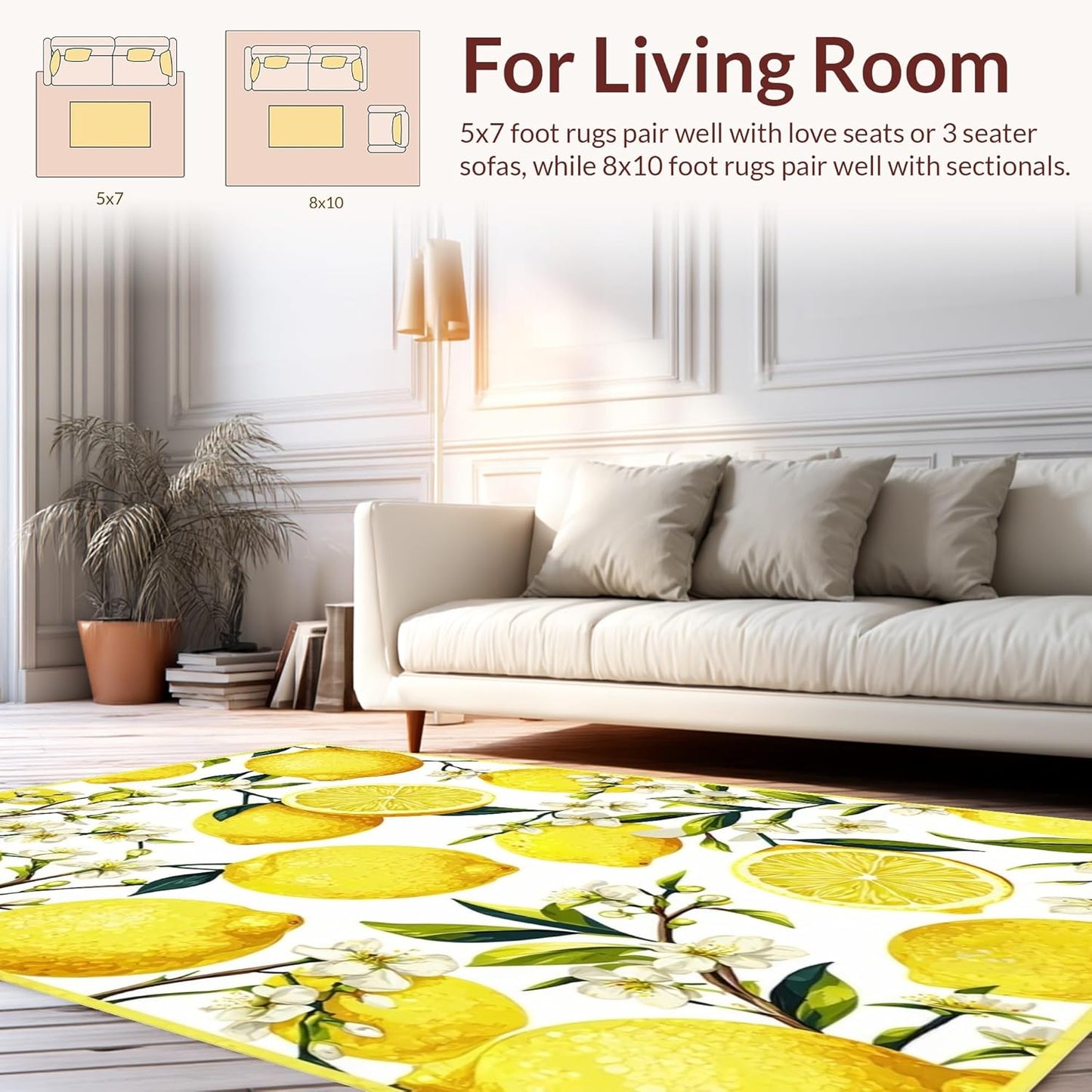 Flatwoven Area Rug 5x7 ft, Lemon Grove Round Citrus Burst, Non Slip, Stain Resistant, Washable High Traffic Area Rugs for Living Room, Bedroom Decor