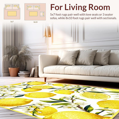Flatwoven Area Rug 5x7 ft, Lemon Grove Round Citrus Burst, Non Slip, Stain Resistant, Washable High Traffic Area Rugs for Living Room, Bedroom Decor
