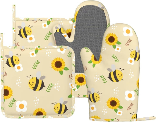 Summer Bee Sunflowers Oven Mitts Pot Holders Set Silicone Yellow Cute Bees Kitchen Oven Mitts Heat Resistant Spring Sunflower Potholders Non-Slip 4pcs Hot Pads and Oven Gloves Sets for BBQ