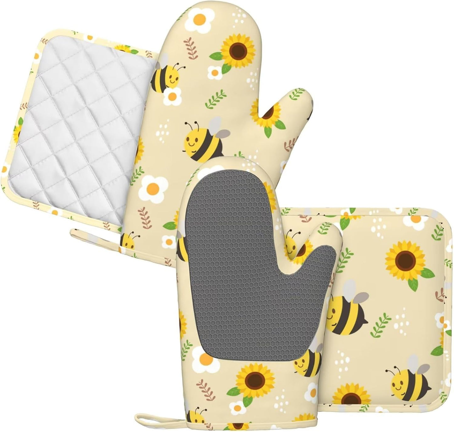 Summer Bee Sunflowers Oven Mitts Pot Holders Set Silicone Yellow Cute Bees Kitchen Oven Mitts Heat Resistant Spring Sunflower Potholders Non-Slip 4pcs Hot Pads and Oven Gloves Sets for BBQ