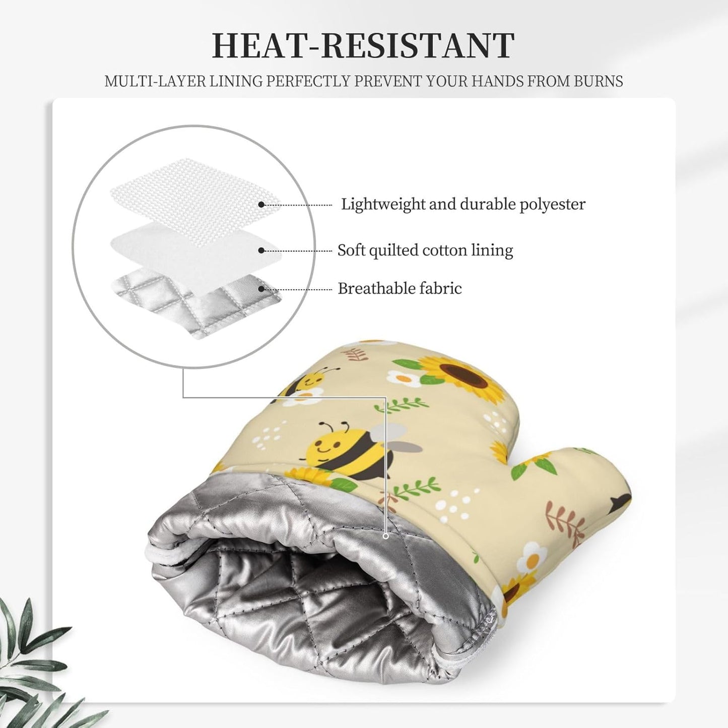 Summer Bee Sunflowers Oven Mitts Pot Holders Set Silicone Yellow Cute Bees Kitchen Oven Mitts Heat Resistant Spring Sunflower Potholders Non-Slip 4pcs Hot Pads and Oven Gloves Sets for BBQ