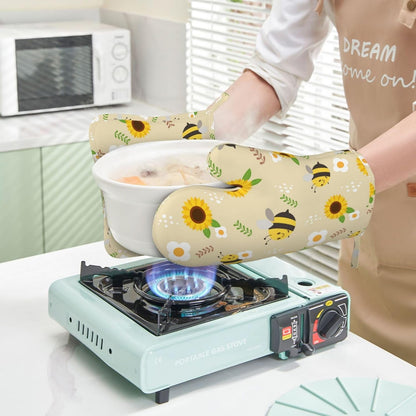 Summer Bee Sunflowers Oven Mitts Pot Holders Set Silicone Yellow Cute Bees Kitchen Oven Mitts Heat Resistant Spring Sunflower Potholders Non-Slip 4pcs Hot Pads and Oven Gloves Sets for BBQ