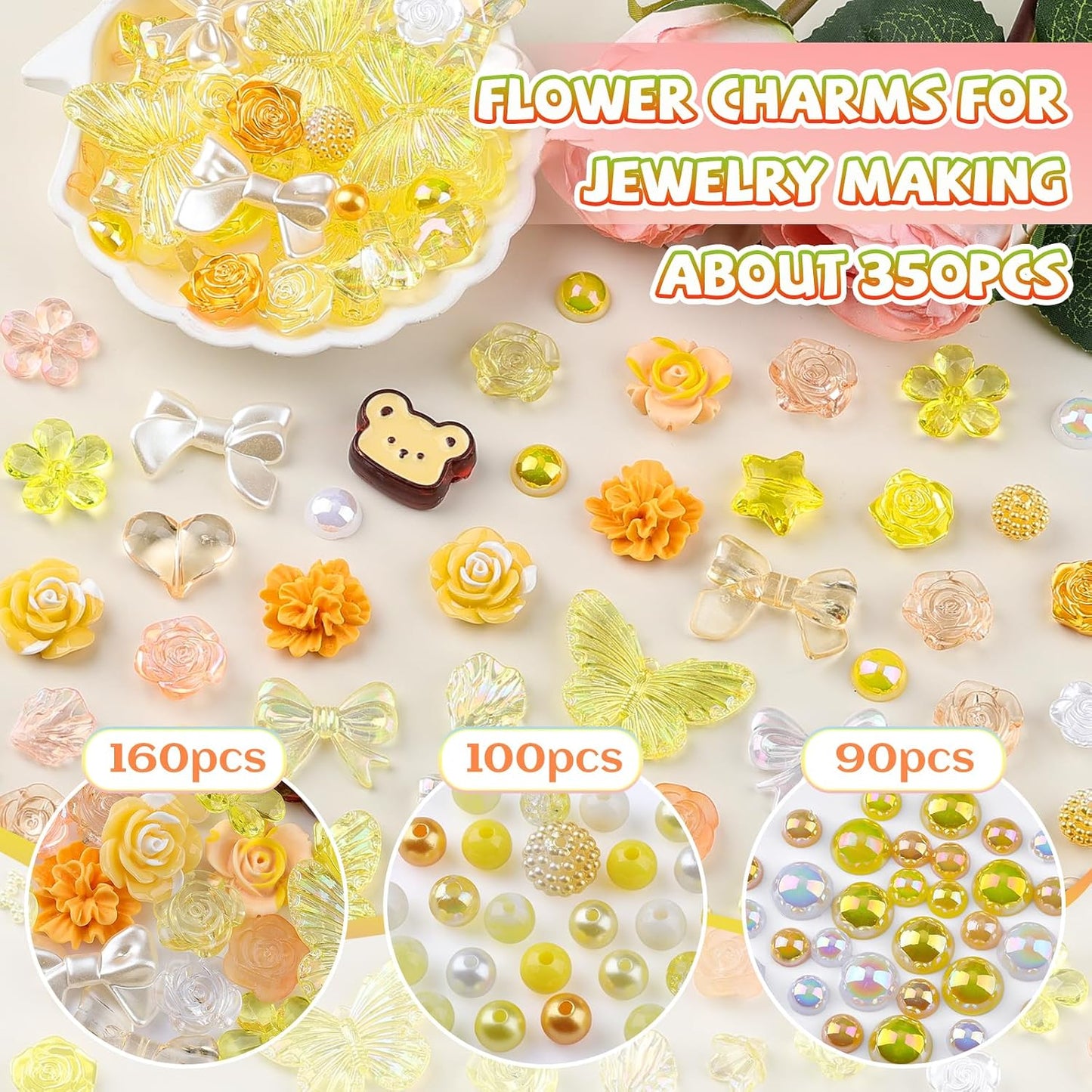 350 Pieces 3D Resin ABS Colorful Rose Flower Bows Butterfly Charms with Flatback Half Round Pearl Beads for Bracelet Earring Necklace Craft DIY Making Supplies