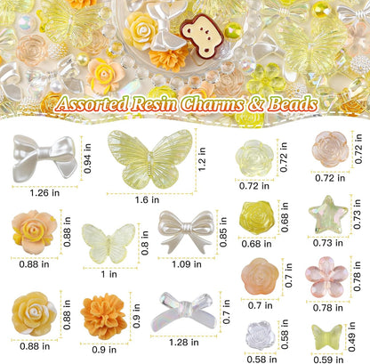350 Pieces 3D Resin ABS Colorful Rose Flower Bows Butterfly Charms with Flatback Half Round Pearl Beads for Bracelet Earring Necklace Craft DIY Making Supplies