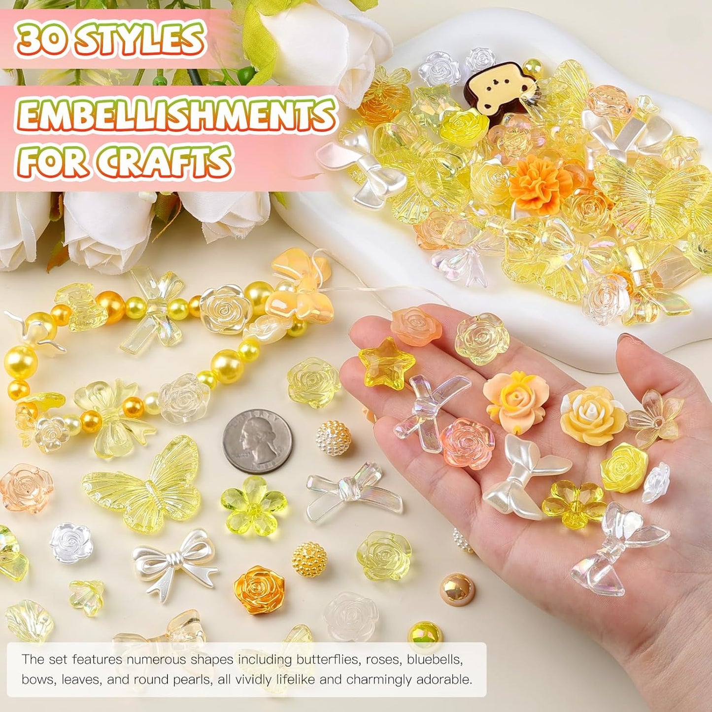 350 Pieces 3D Resin ABS Colorful Rose Flower Bows Butterfly Charms with Flatback Half Round Pearl Beads for Bracelet Earring Necklace Craft DIY Making Supplies