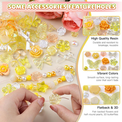 350 Pieces 3D Resin ABS Colorful Rose Flower Bows Butterfly Charms with Flatback Half Round Pearl Beads for Bracelet Earring Necklace Craft DIY Making Supplies
