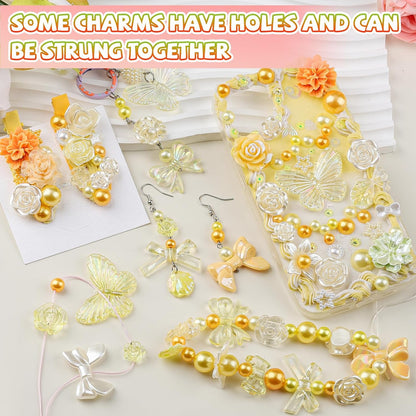 350 Pieces 3D Resin ABS Colorful Rose Flower Bows Butterfly Charms with Flatback Half Round Pearl Beads for Bracelet Earring Necklace Craft DIY Making Supplies