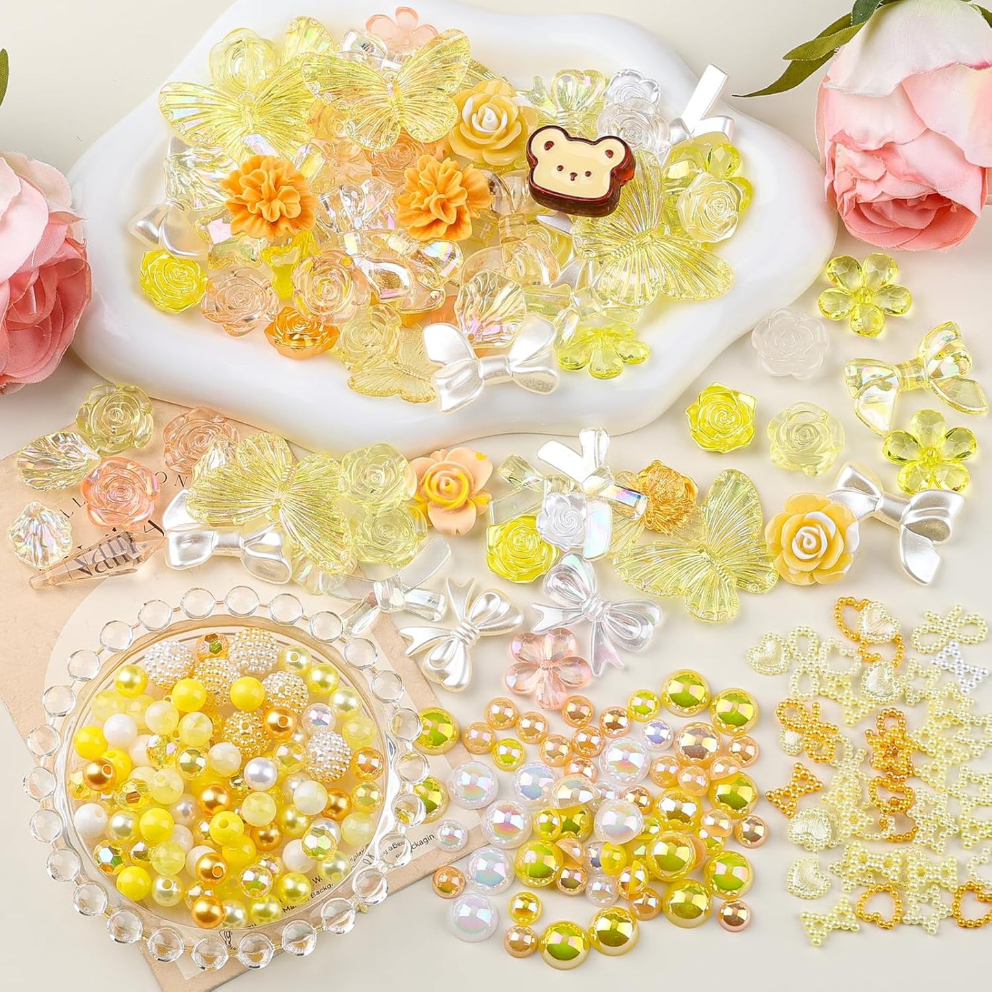 350 Pieces 3D Resin ABS Colorful Rose Flower Bows Butterfly Charms with Flatback Half Round Pearl Beads for Bracelet Earring Necklace Craft DIY Making Supplies