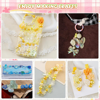 350 Pieces 3D Resin ABS Colorful Rose Flower Bows Butterfly Charms with Flatback Half Round Pearl Beads for Bracelet Earring Necklace Craft DIY Making Supplies