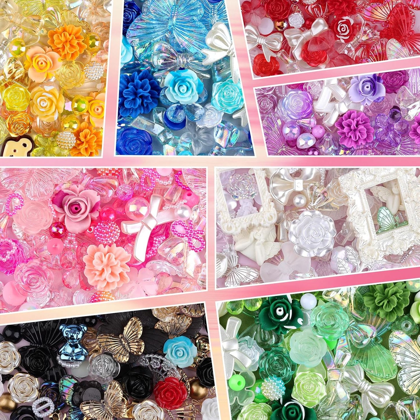 350 Pieces 3D Resin ABS Colorful Rose Flower Bows Butterfly Charms with Flatback Half Round Pearl Beads for Bracelet Earring Necklace Craft DIY Making Supplies
