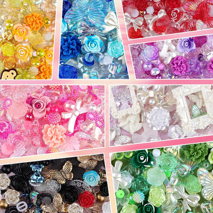 350 Pieces 3D Resin ABS Colorful Rose Flower Bows Butterfly Charms with Flatback Half Round Pearl Beads for Bracelet Earring Necklace Craft DIY Making Supplies