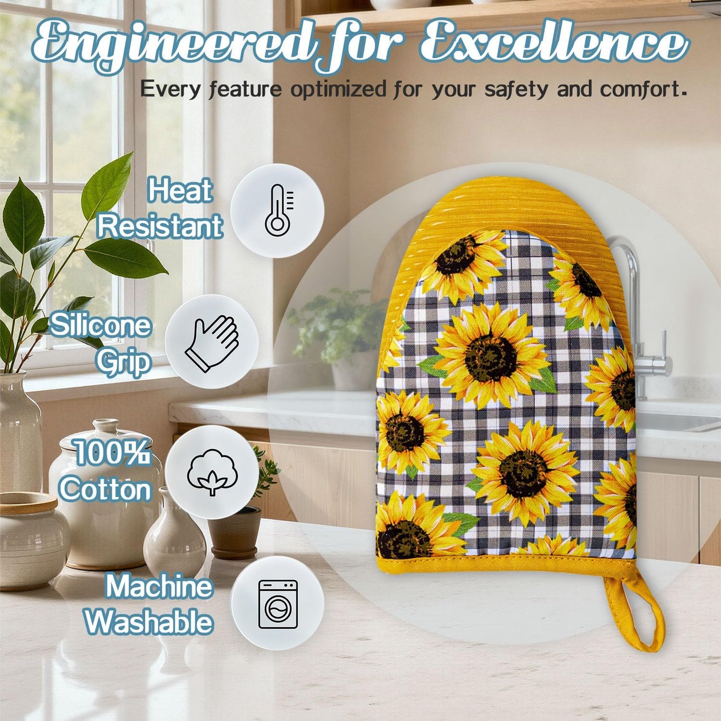 Ribbed Mini Oven Mitts 2-Pack Set, 5.5"x8.5", Sunflower Printed, Heavy Duty Cotton, Non-Slip Heat Resistant Soft Silicone Oven Mitts with Hanging Loop for Cooking Kitchen Decor