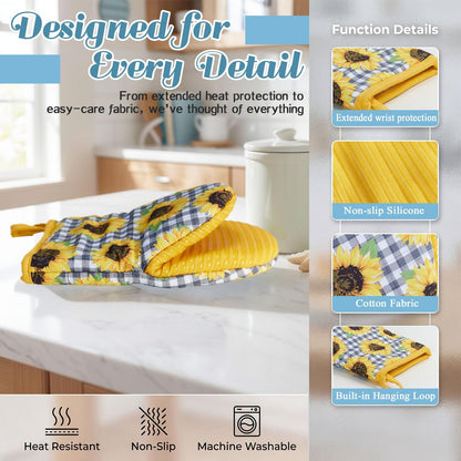 Ribbed Mini Oven Mitts 2-Pack Set, 5.5"x8.5", Sunflower Printed, Heavy Duty Cotton, Non-Slip Heat Resistant Soft Silicone Oven Mitts with Hanging Loop for Cooking Kitchen Decor