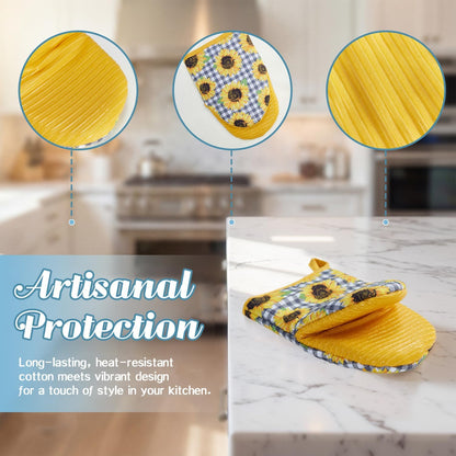 Ribbed Mini Oven Mitts 2-Pack Set, 5.5"x8.5", Sunflower Printed, Heavy Duty Cotton, Non-Slip Heat Resistant Soft Silicone Oven Mitts with Hanging Loop for Cooking Kitchen Decor