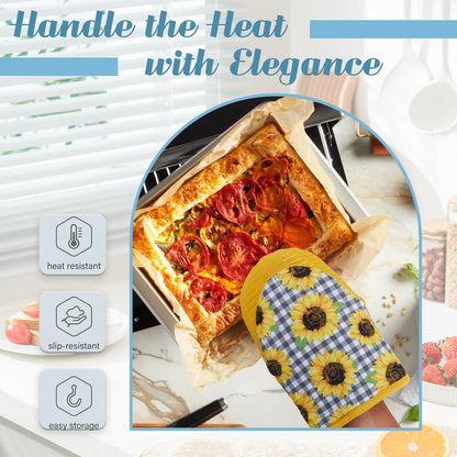 Ribbed Mini Oven Mitts 2-Pack Set, 5.5"x8.5", Sunflower Printed, Heavy Duty Cotton, Non-Slip Heat Resistant Soft Silicone Oven Mitts with Hanging Loop for Cooking Kitchen Decor