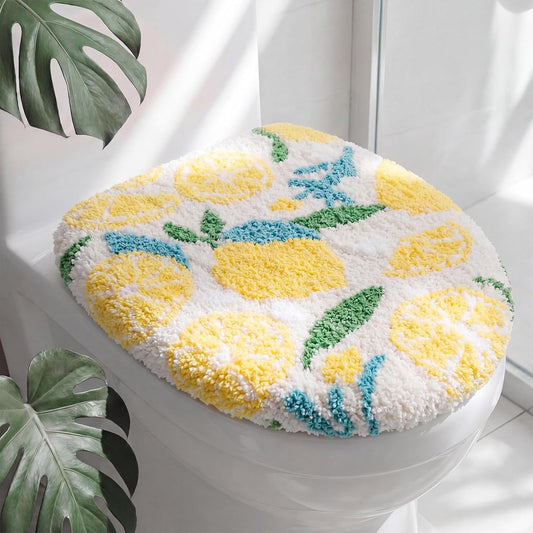 Lemon Toilet Lid Cover 17.5 x 15 Inch Cute Washable Plush Toilet Cover Soft Microfiber Non Slip Rubber Backing Bathroom Accessories Fits Most Round Elongated