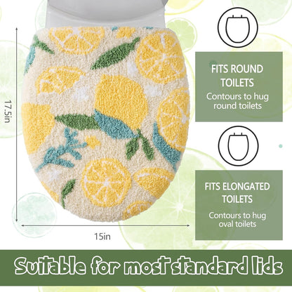 Lemon Toilet Lid Cover 17.5 x 15 Inch Cute Washable Plush Toilet Cover Soft Microfiber Non Slip Rubber Backing Bathroom Accessories Fits Most Round Elongated