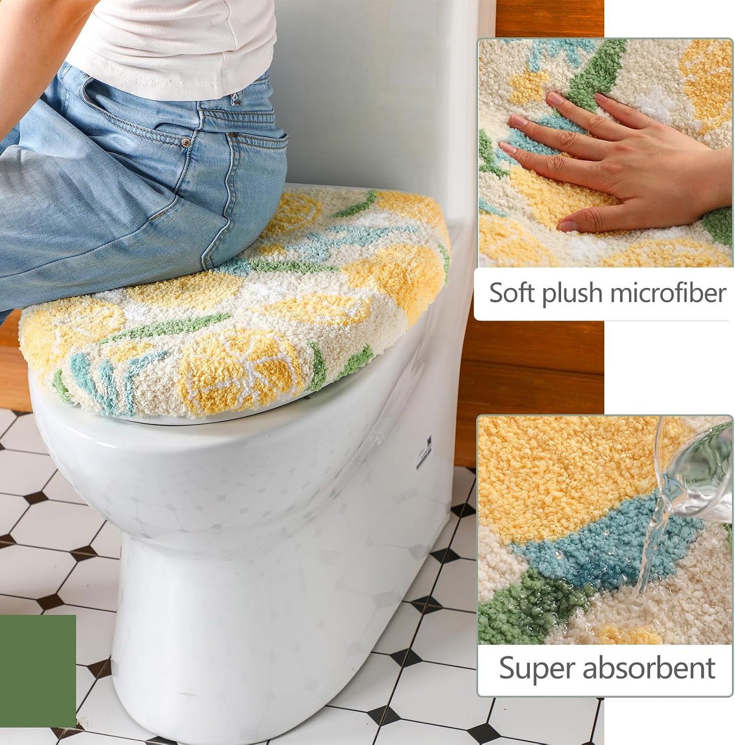 Lemon Toilet Lid Cover 17.5 x 15 Inch Cute Washable Plush Toilet Cover Soft Microfiber Non Slip Rubber Backing Bathroom Accessories Fits Most Round Elongated