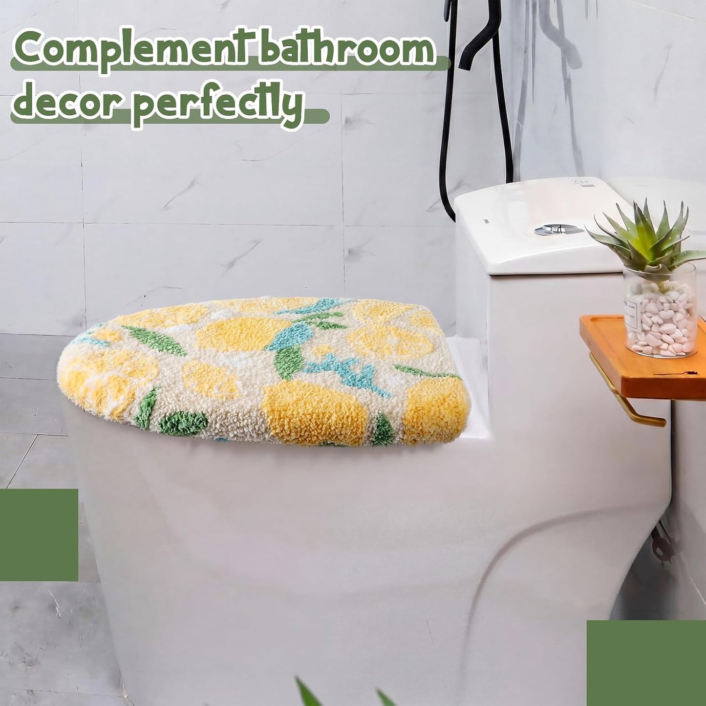 Lemon Toilet Lid Cover 17.5 x 15 Inch Cute Washable Plush Toilet Cover Soft Microfiber Non Slip Rubber Backing Bathroom Accessories Fits Most Round Elongated