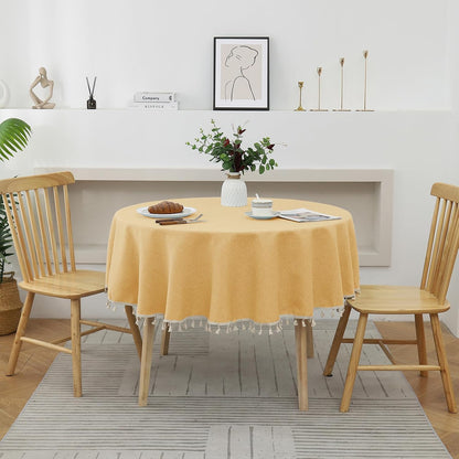 Round Textured Tablecloth Waterproof Cotton Linen Tassel Wrinkle Free Washable Decorative Fabric Table Cover for Kitchen Dining Table, Round-70, Yellow