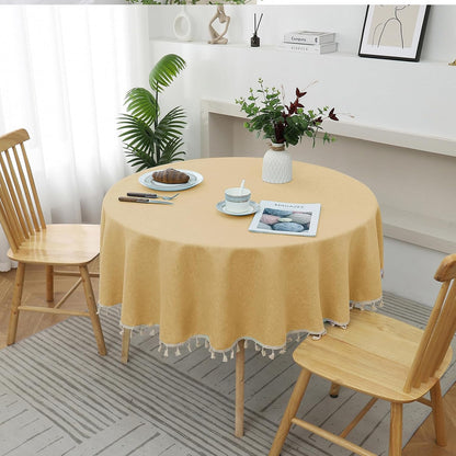 Round Textured Tablecloth Waterproof Cotton Linen Tassel Wrinkle Free Washable Decorative Fabric Table Cover for Kitchen Dining Table, Round-70, Yellow