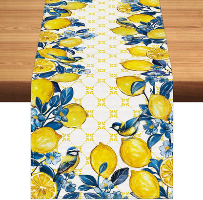Summer Amalfi Coast Lemon Bird Table Runner Blue Flowers Burlap Table Runners, Geometric Pattern Seasonal Coffee Table Center Decor for Home Kitchen Dining Party Indoor Outdoor 13x72 Inch