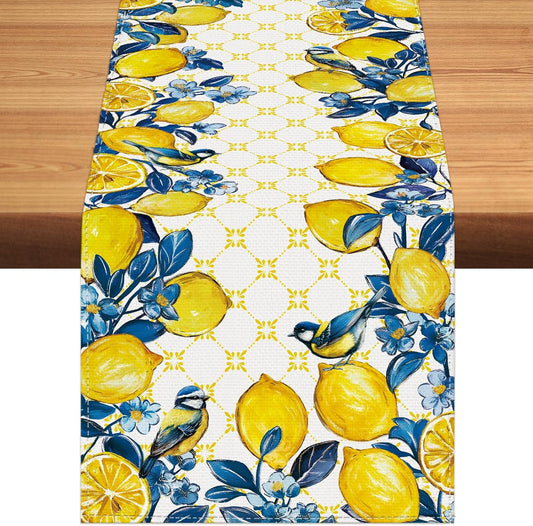Summer Amalfi Coast Lemon Bird Table Runner Blue Flowers Burlap Table Runners, Geometric Pattern Seasonal Coffee Table Center Decor for Home Kitchen Dining Party Indoor Outdoor 13x72 Inch