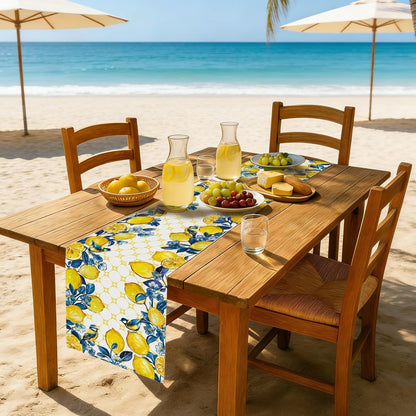 Summer Amalfi Coast Lemon Bird Table Runner Blue Flowers Burlap Table Runners, Geometric Pattern Seasonal Coffee Table Center Decor for Home Kitchen Dining Party Indoor Outdoor 13x72 Inch