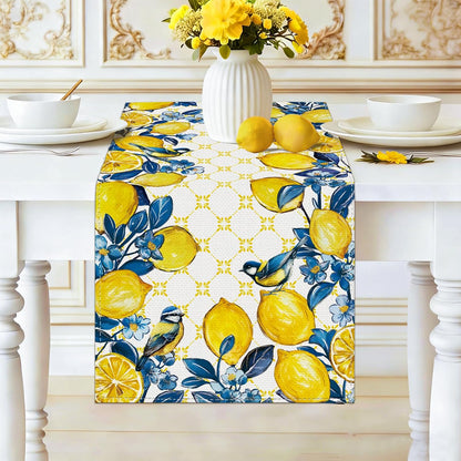Summer Amalfi Coast Lemon Bird Table Runner Blue Flowers Burlap Table Runners, Geometric Pattern Seasonal Coffee Table Center Decor for Home Kitchen Dining Party Indoor Outdoor 13x72 Inch