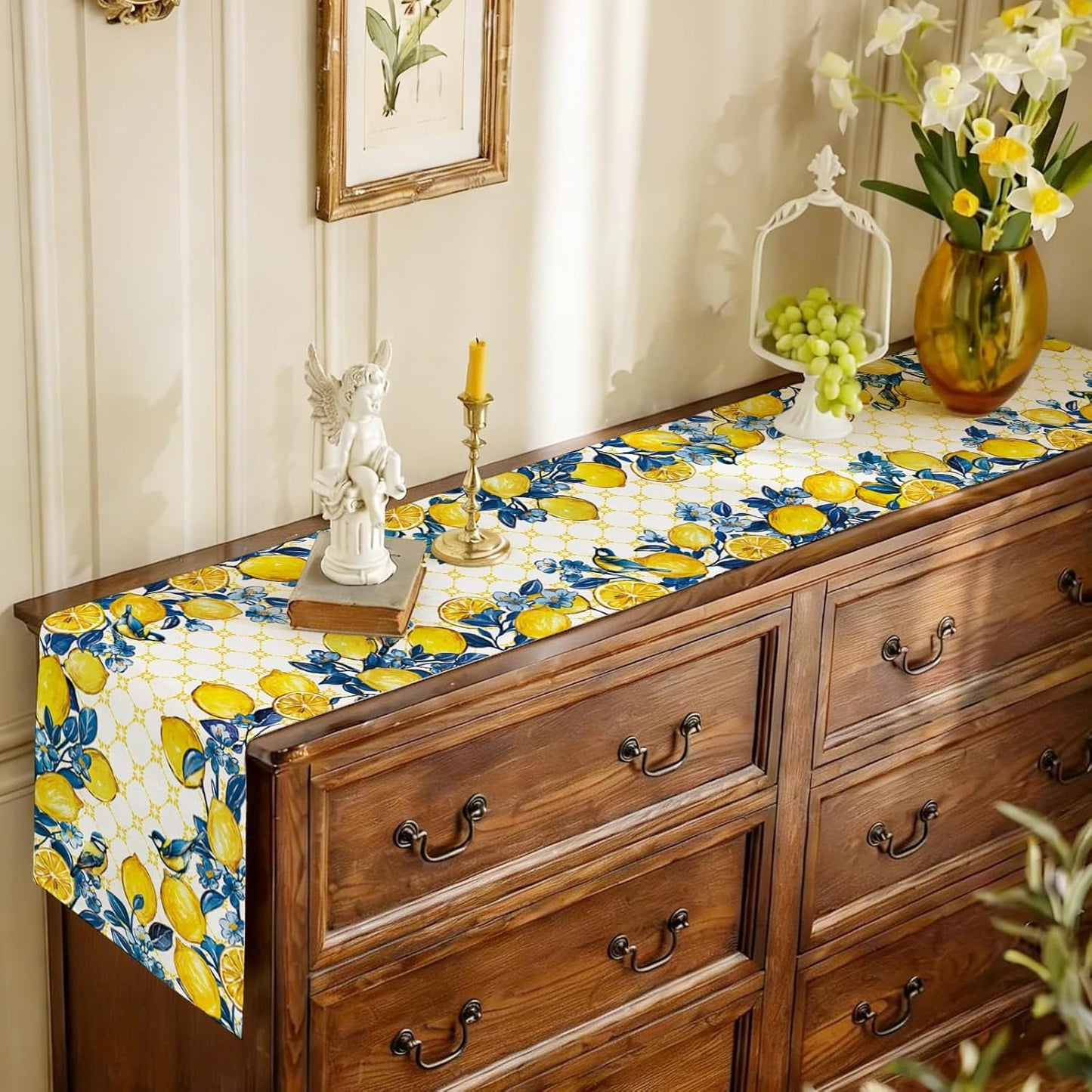 Summer Amalfi Coast Lemon Bird Table Runner Blue Flowers Burlap Table Runners, Geometric Pattern Seasonal Coffee Table Center Decor for Home Kitchen Dining Party Indoor Outdoor 13x72 Inch