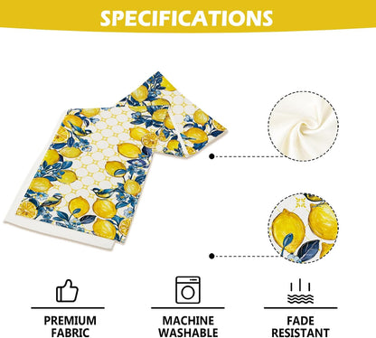 Summer Amalfi Coast Lemon Bird Table Runner Blue Flowers Burlap Table Runners, Geometric Pattern Seasonal Coffee Table Center Decor for Home Kitchen Dining Party Indoor Outdoor 13x72 Inch
