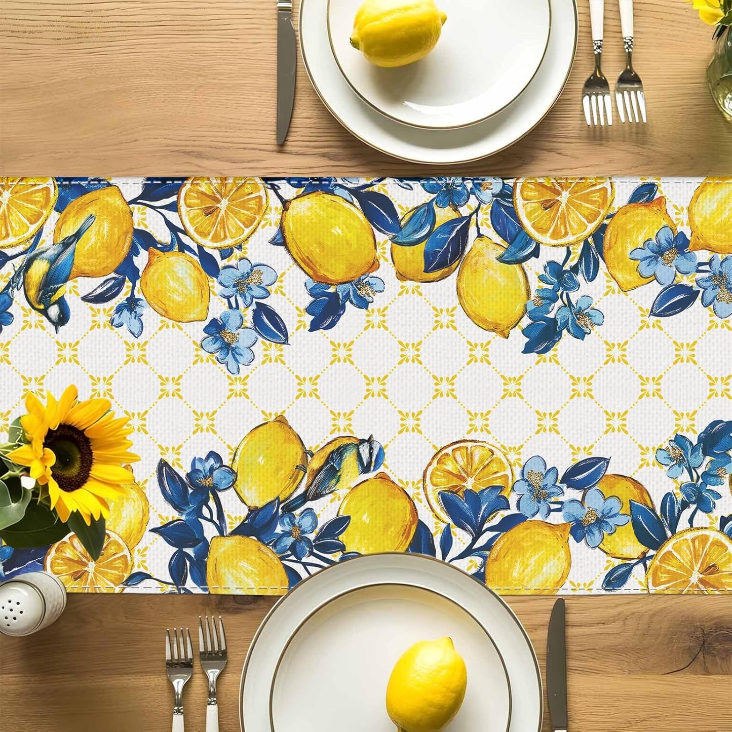 Summer Amalfi Coast Lemon Bird Table Runner Blue Flowers Burlap Table Runners, Geometric Pattern Seasonal Coffee Table Center Decor for Home Kitchen Dining Party Indoor Outdoor 13x72 Inch