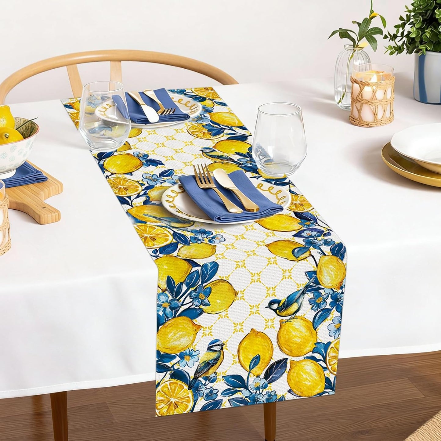 Summer Amalfi Coast Lemon Bird Table Runner Blue Flowers Burlap Table Runners, Geometric Pattern Seasonal Coffee Table Center Decor for Home Kitchen Dining Party Indoor Outdoor 13x72 Inch