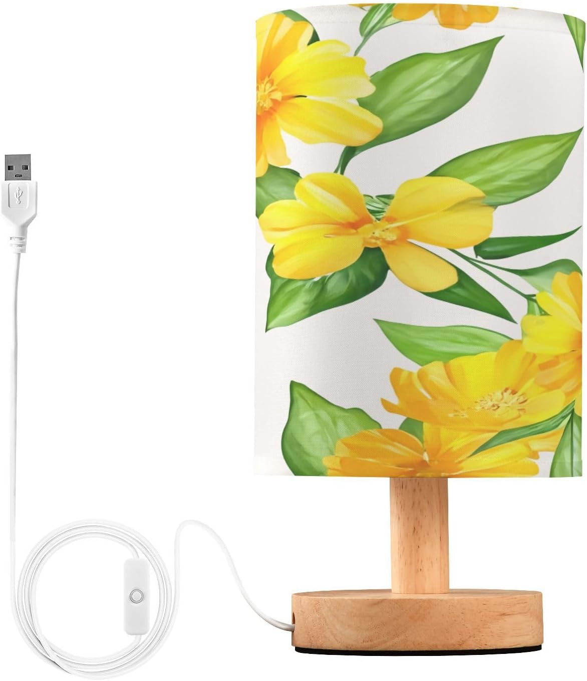 Yellow Flowers Bedside Table Lamp, Small LED Desk Light USB Nightstand Lamp with Non Slip Wood Base & Eye-Friendily Lampshade for Living Room Bedroom Dorm Home Office Desk Decor