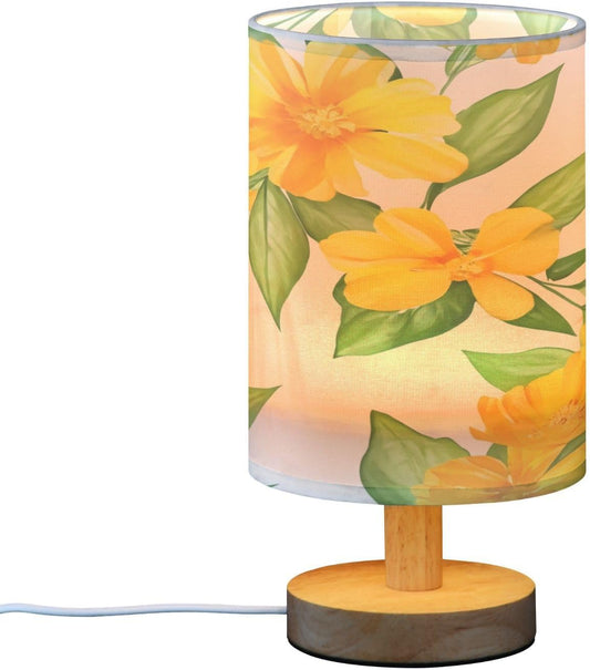 Yellow Flowers Bedside Table Lamp, Small LED Desk Light USB Nightstand Lamp with Non Slip Wood Base & Eye-Friendily Lampshade for Living Room Bedroom Dorm Home Office Desk Decor