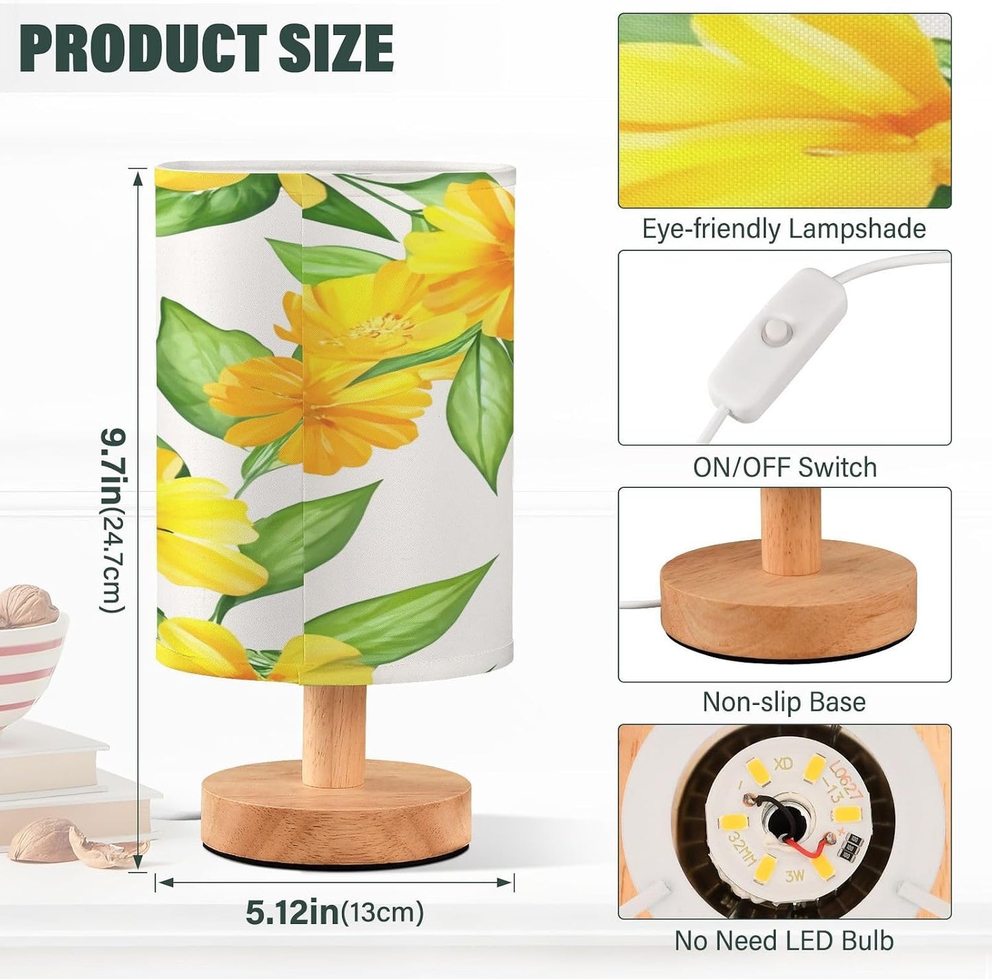 Yellow Flowers Bedside Table Lamp, Small LED Desk Light USB Nightstand Lamp with Non Slip Wood Base & Eye-Friendily Lampshade for Living Room Bedroom Dorm Home Office Desk Decor