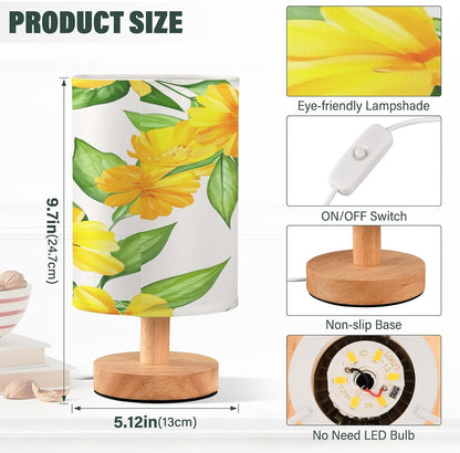 Yellow Flowers Bedside Table Lamp, Small LED Desk Light USB Nightstand Lamp with Non Slip Wood Base & Eye-Friendily Lampshade for Living Room Bedroom Dorm Home Office Desk Decor