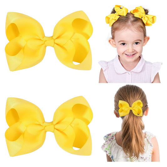 2 PCS 4.5" Hair Bows for Girls Alligator Clips Grosgrain Ribbon Solid Color Hair Accessories for Little Teen Toddler Girls Kids-Yellow