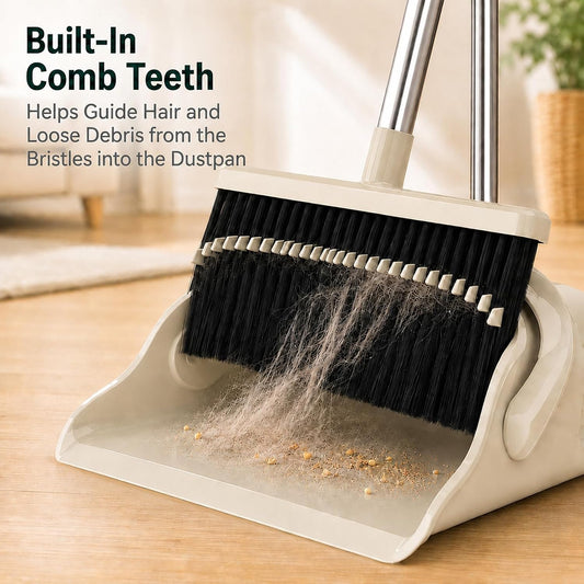Broom and Dustpan Set, 52-Inch Handle, Comb Teeth, Gray Yellow | Long handle broom set for home, kitchen, apartment andstorage
