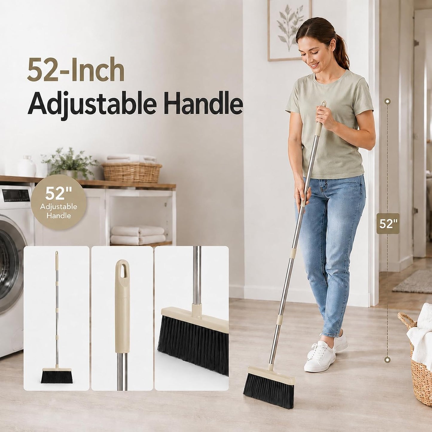 Broom and Dustpan Set, 52-Inch Handle, Comb Teeth, Gray Yellow | Long handle broom set for home, kitchen, apartment andstorage