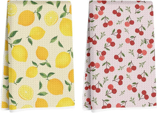2 Pcs Cherry Lemon Decor Kitchen Towels, Absorbent Soft Microfiber Towel for Bathroom, Dish Towels for Kitchen Drying, Tea Towel Dish Cloths, Farmhouse Lemon Gifts for Women Friend